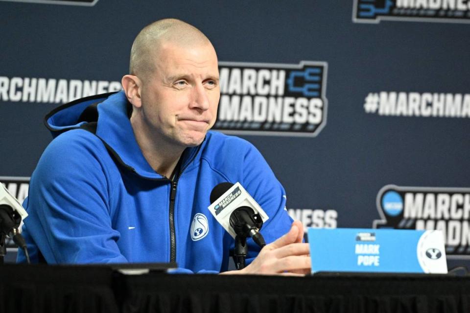 As BYU head coach, Mark Pope went 3-2 in rivalry games against Utah but was 0-2 in NCAA Tournament contests. On Sunday, Pope will be introduced as the new Kentucky Wildcats men’s basketball head man. Steven Branscombe/USA TODAY NETWORK