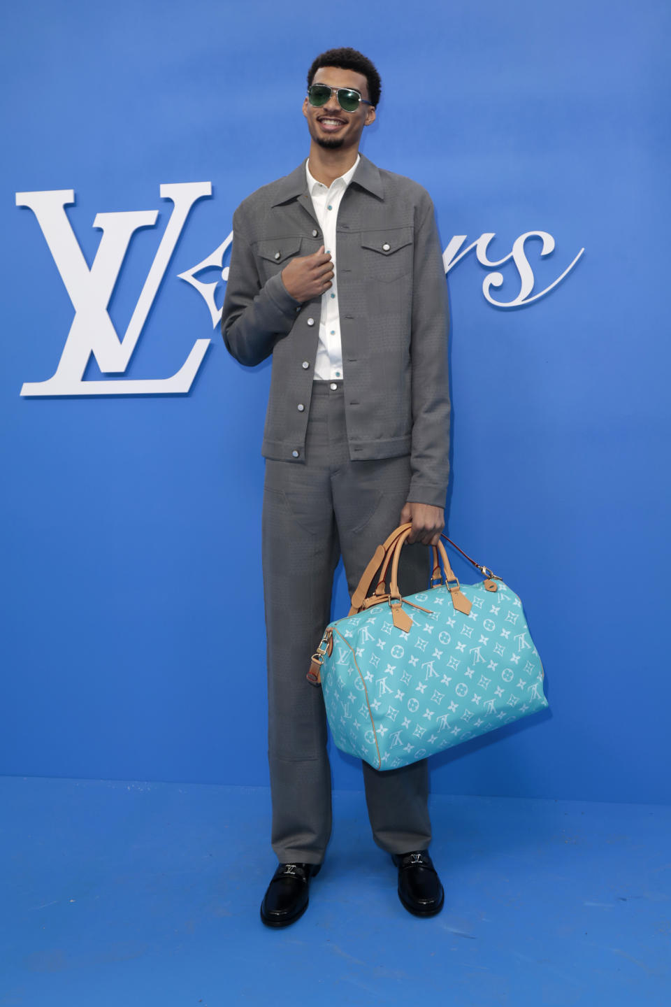 Victor Wembanyama, Louis Vuitton, loafers, monogram, silver, leather, Paris Fashion Week