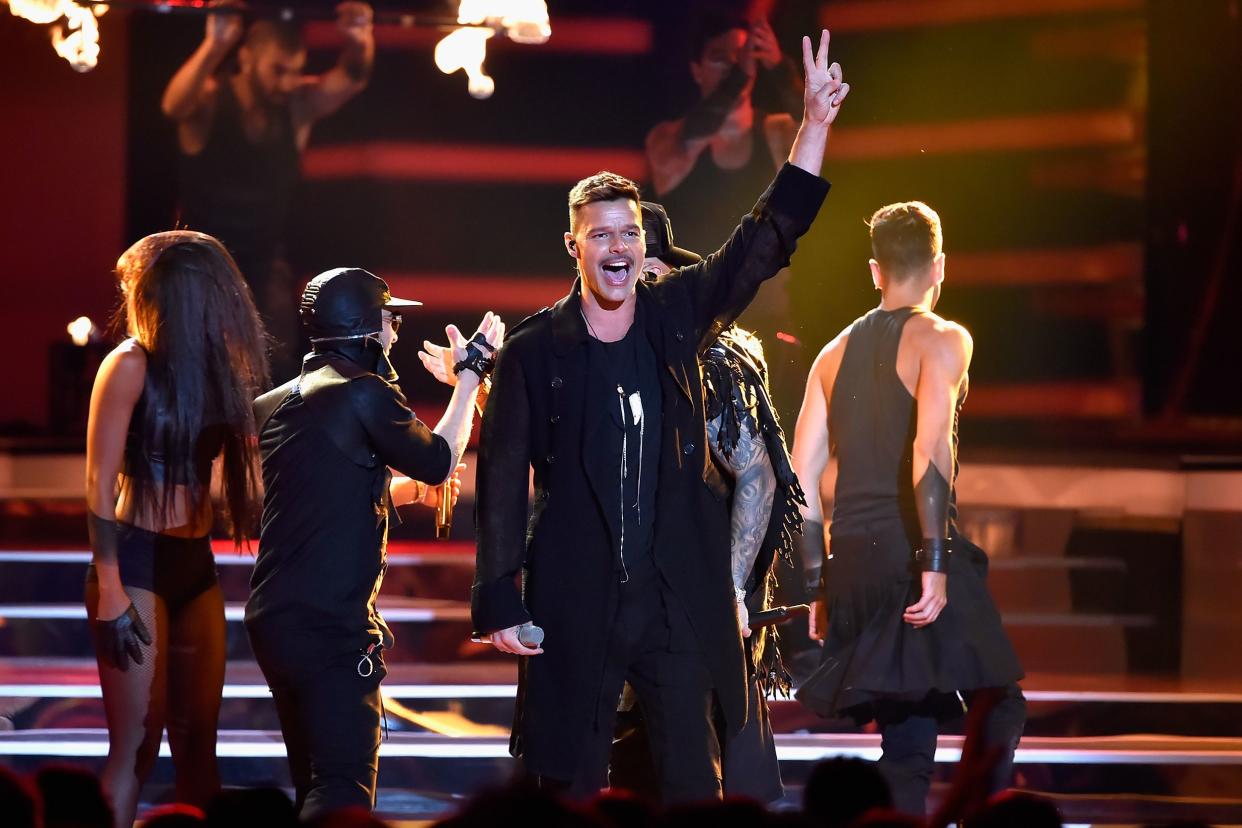 Ricky Martin (R) and Wisin Y Yandel performs onstage at the 2018 Billboard Latin Music Awards at the Mandalay Bay Events Center on April 26, 2018 in Las Vegas, Nevada.