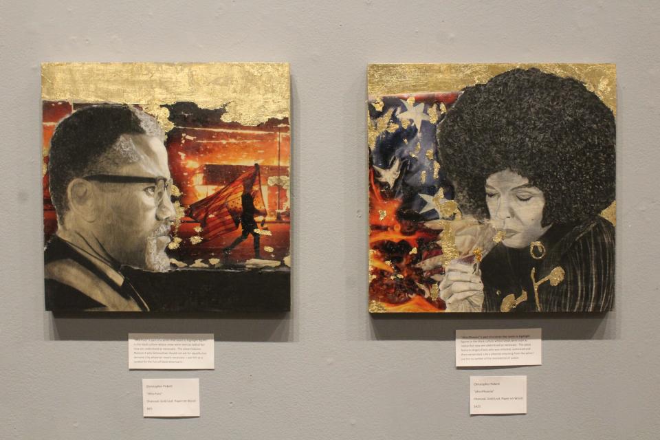 The charcoal, gold leaf, paper and wood creations by Christopher Pickett are called "Afro-Fury" (left) and "Afro-Phoenix" (right). They depict Malcolm X and Angela Davis, respectively.
