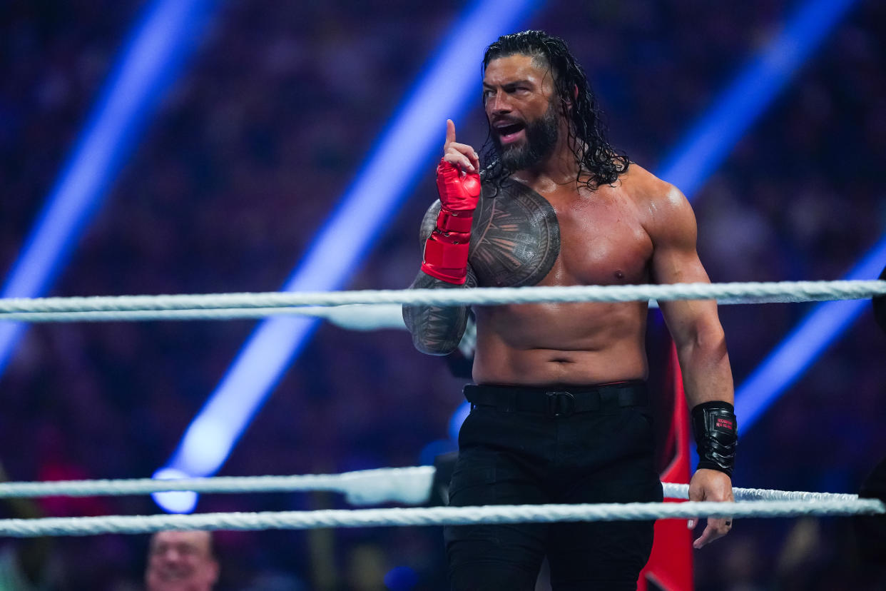 SAN ANTONIO, TEXAS - JANUARY 28: Roman Reigns looks on during the WWE and Universal Championship match during the WWE Royal Rumble event at the Alamodome on January 28, 2023 in San Antonio, Texas. (Photo by Alex Bierens de Haan/Getty Images)