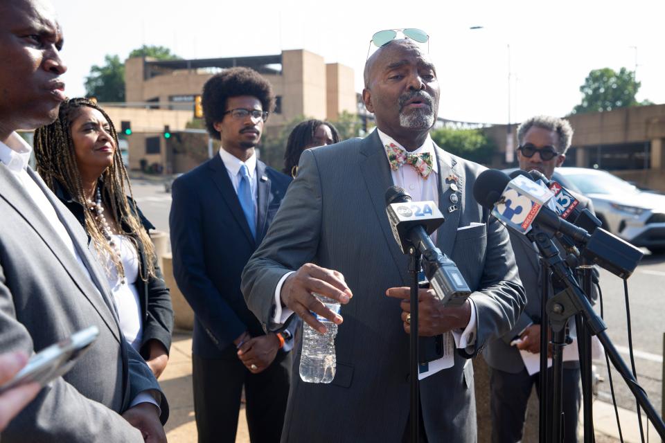 State Rep. G.A. Hardaway speaks to the media during a press conference of lawmakers and community leaders to respond to the Department of Justice’s announcement of a civil rights investigation into the City of Memphis and the Memphis Police Department outside Memphis City Hall on Thursday, July 27, 2023.
