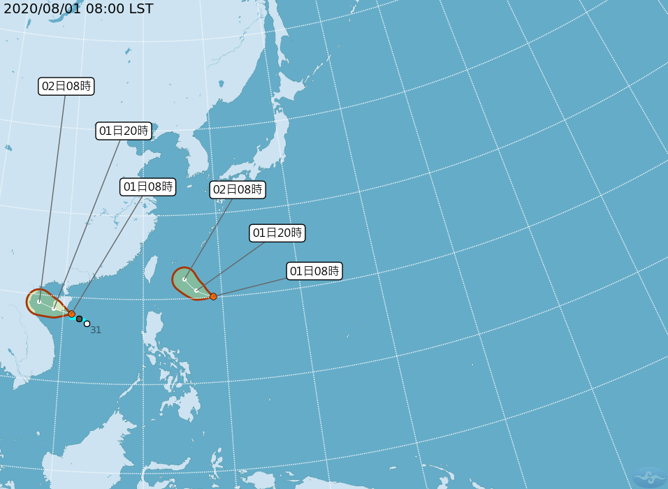 位在南海的熱帶擾動在昨天形成熱帶性低氣壓，最快今天發展為第3號颱風「辛樂克」，而位於菲律賓東方海面的熱帶擾動也於在今天早8時形成熱帶低壓，可能在明天成為第4號颱風「哈格比」。(取自氣象局網站)