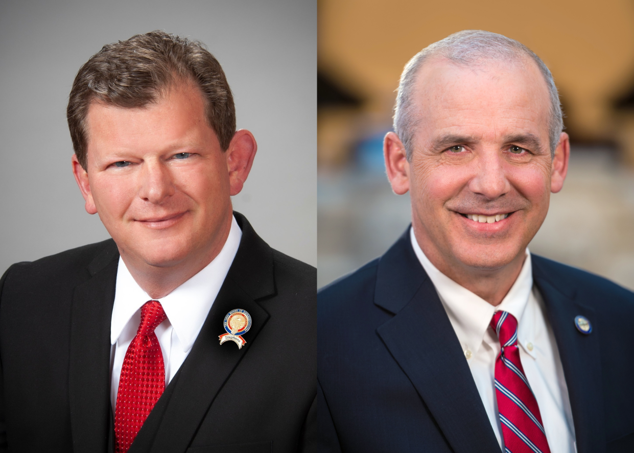 Ohio House Speaker Jason Stephens (left) and Ohio Senate President Matt Huffman, both Republicans, are likely to fight for control of the Ohio House after the 2024 election.