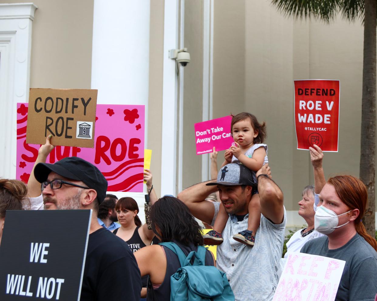 Abortion rights protesters gather around the stairs of the Florida Supreme Court to condemn a leaked ruling that suggests the U.S. Supreme Court may be poised to overturn the landmark Roe V. Wade decision. The protest drew multiple speakers ranging from Florida State students to local officials speaking to the crowd of about 300.