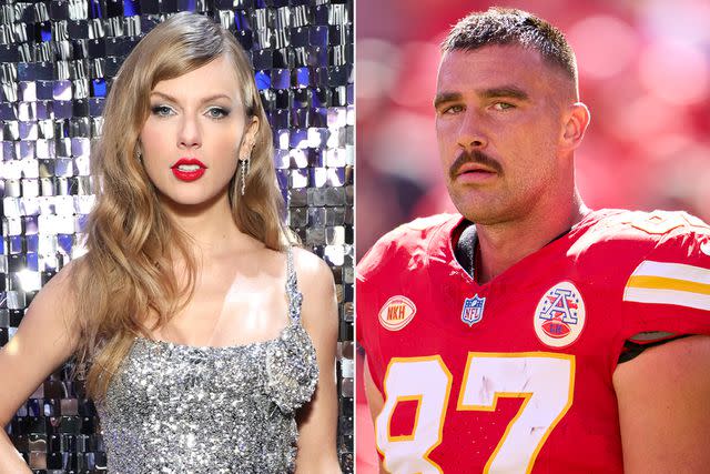 <p>Kevin Mazur/WireImage;Cooper Neill/Getty</p> Taylor Swift, Travis Kelce