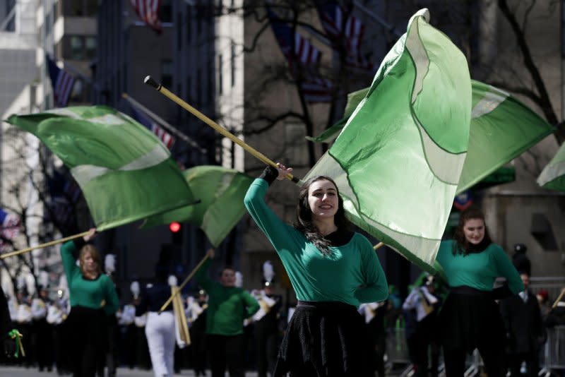 Participants march on the parade route at the St. Patrick's Day Parade on Fifth Avenue in New York City on March 17, 2017. On March 17, 1762, New York City staged its first parade honoring the Roman Catholic feast day of St. Patrick, the patron saint of Ireland. File Photo by John Angelillo/UPI