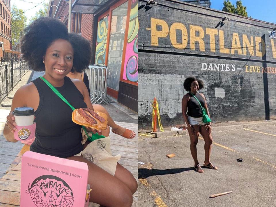 Ashley Nealy eating voodoo doughnuts (left) and standing in front of portland sign (right)