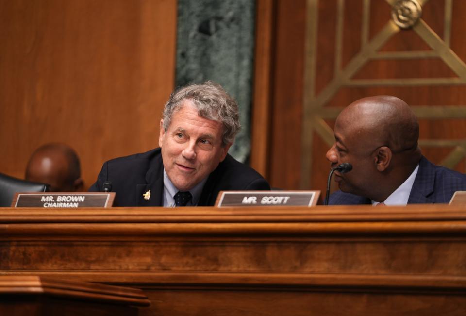 Sen. Sherrod Brown, D-Ohio, works in Washington on Sept. 12.