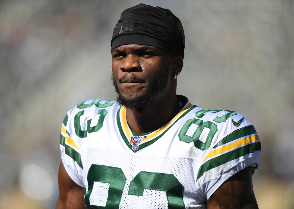 CARSON, CALIFORNIA - NOVEMBER 03:  Marquez Valdes-Scantling #83 of the Green Bay Packers before the game against the Los Angeles Chargers at Dignity Health Sports Park on November 03, 2019 in Carson, California. (Photo by Harry How/Getty Images)