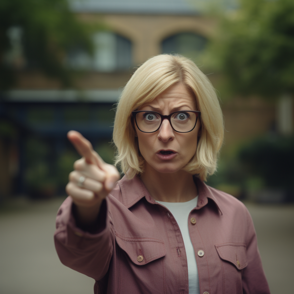 A middle-age woman with a blonde bob wagging her finger at someone