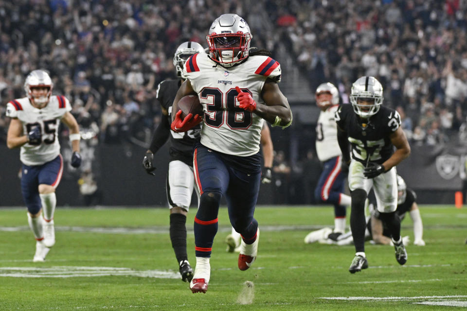 New England Patriots running back Rhamondre Stevenson (38) runs for a 34-yard touchdown during the second half of an NFL football game between the New England Patriots and Las Vegas Raiders, Sunday, Dec. 18, 2022, in Las Vegas. (AP Photo/David Becker)