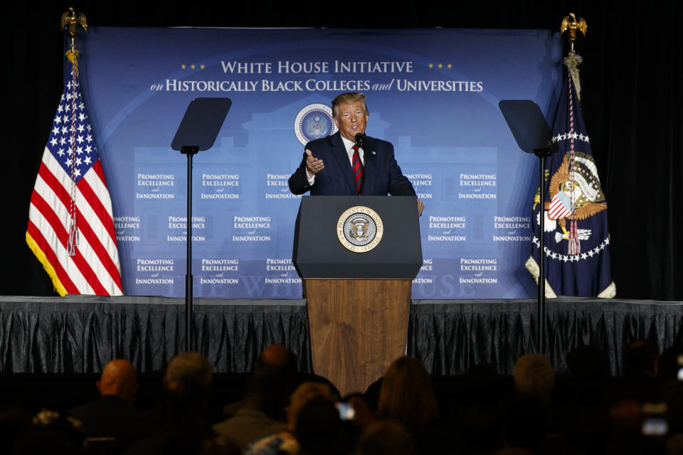 President Donald Trump speaks at the 2019 National Historically Black Colleges and Universities (HBCU) Week Conference, Tuesday, Sept. 10, 2019, in Washington. (AP Photo/Jacquelyn Martin)