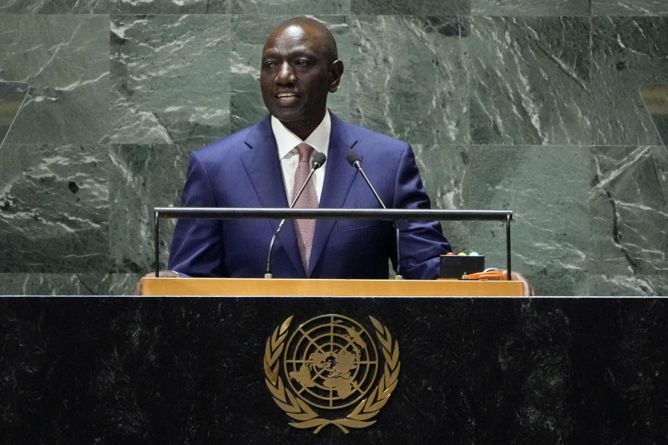 FILE - Kenya's President William Ruto addresses the 78th session of the United Nations General Assembly, on Sept. 21, 2023. Kenya's President William Ruto is seeking $1 billion more in loans from China, despite rising public debt that has now reached $68 billion. He's in Beijing for the summit of the Belt and Road Initiative, China's ambitious plan to connect Africa, Asia and Europe through massive infrastructure and energy projects. (AP Photo/Richard Drew, File)