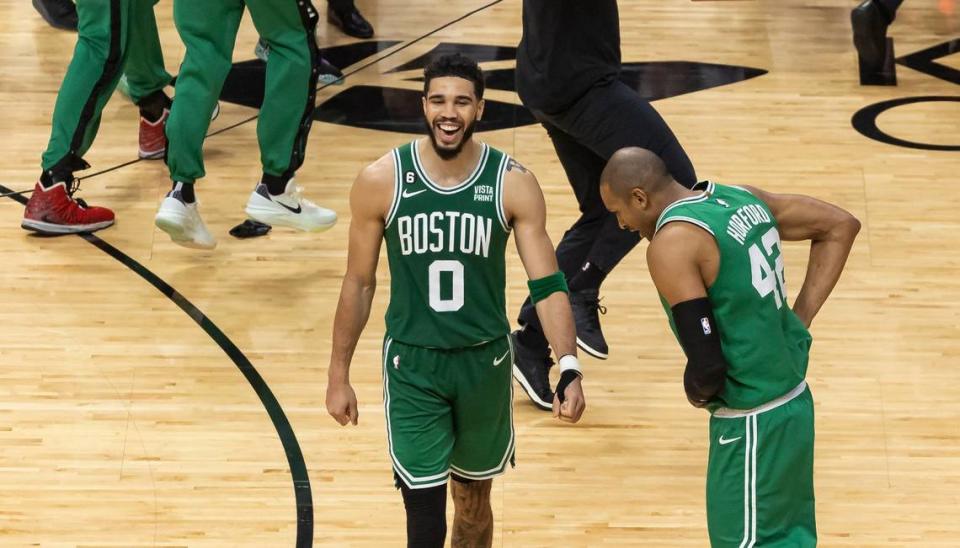 Boston Celtics forward Jayson Tatum (0) reacts after defeating the Miami Heat 104 to 103 in Game 6 of the NBA Eastern Conference Finals at the Kaseya Center on Saturday, May 27, 2023, in downtown Miami, Fla.