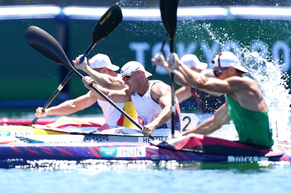 Liam Heath (centre) in the K1 200m final at Sea Forest Waterway (Mike Egerton/PA) (PA Wire)