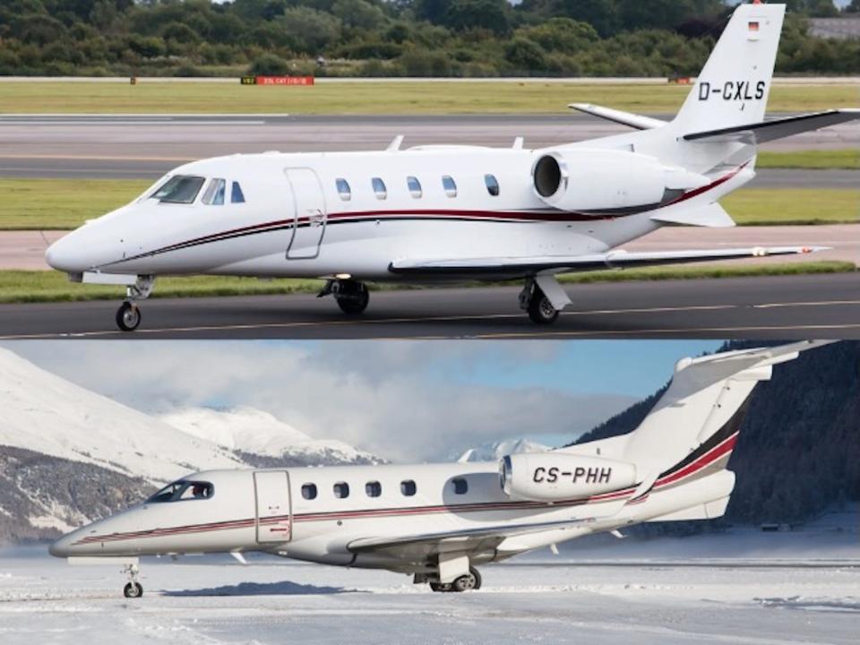 A Cessna XLS+ on top and a Phenom 300 on bottom.