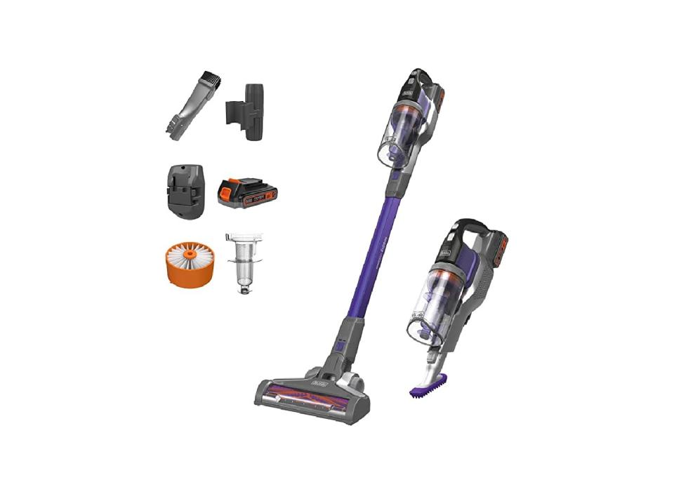 Cordless stick vacuum comes with an angled floor head for use on multiple surfaces, v-shaped bristles to pick up all types of debris, and an anti-tangle pet hair brush bar