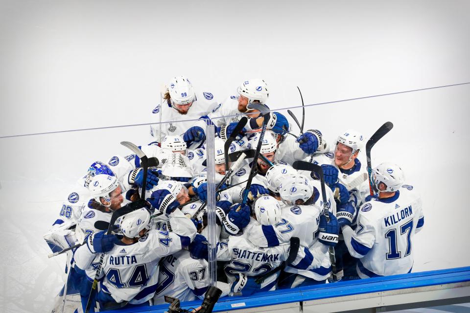 The Tampa Bay Lightning celebrates Kevin Shattenkirk's Game 4 overtime winner against the Dallas Stars.