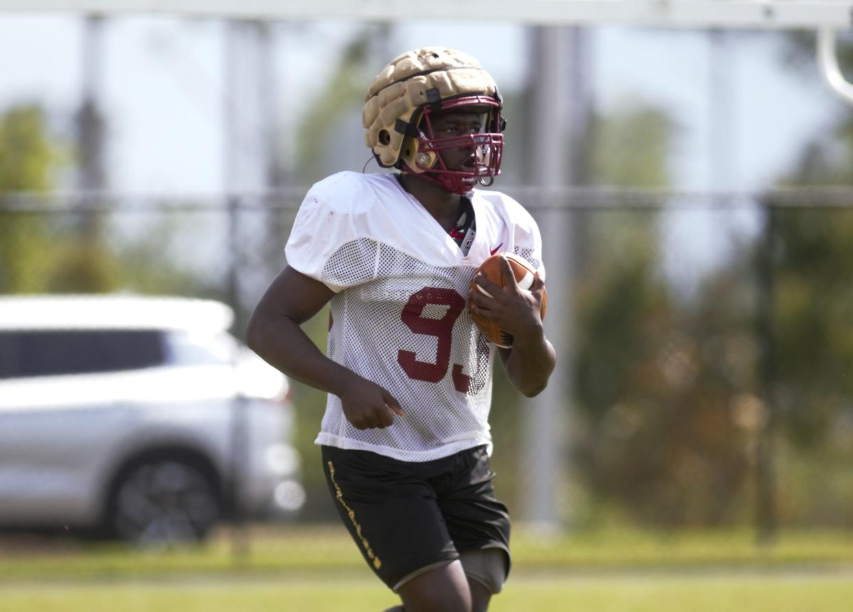 Florida High football players participate in spring practice on Wednesday, May 1, 2024, at Florida High