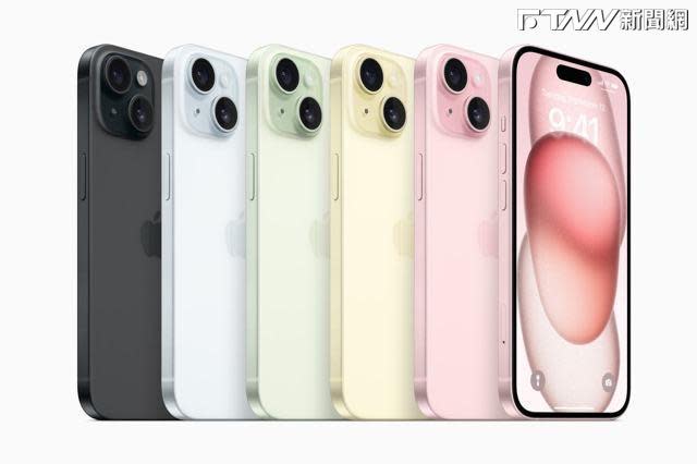 iPhone 15和iPhone 15 Plus提供粉紅色、黃色、綠色、藍色和黑色，並有128GB、256GB和512GB容量選擇。（圖／Apple官網）