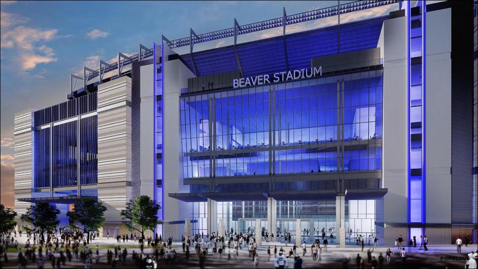 A rendering of what a renovated Beaver Stadium may look like in 2027, provided by Penn State officials. The bulk of the university-approved $700 renovation project will begin upon completion of the 2024 football season.