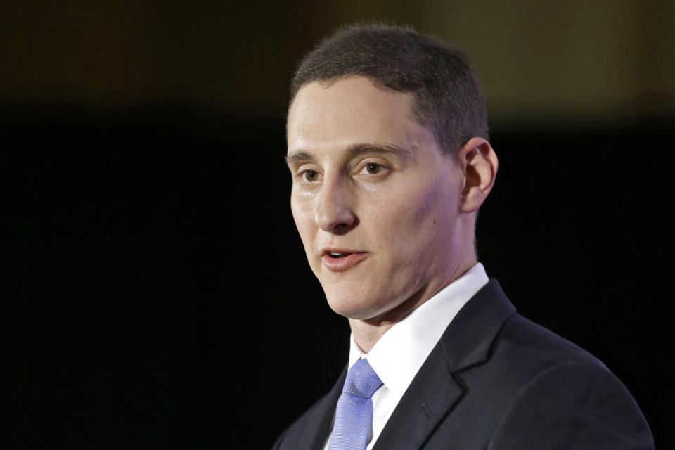 FILE – In this Nov. 4, 2014, file photo, Ohio State Treasurer Josh Mandel speaks at the Ohio Republican Party election night celebration in Columbus, Ohio. Mandel is among five contenders in the U.S. Senate primary in Ohio, which is still a year away; the five already are working furiously to cast themselves as Trump's favorite in the open race. That work can be awkward and far from subtle, as they jockey for a Trump endorsement that could help someone break out of the crowded GOP pack in a state the former president twice carried by 8 percentage-point margins. (AP Photo/Tony Dejak, File)