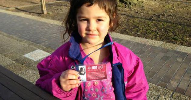 Dvora wearing a tag identifying her as “not lost” but a “free-range kid.” Photo: Facebook