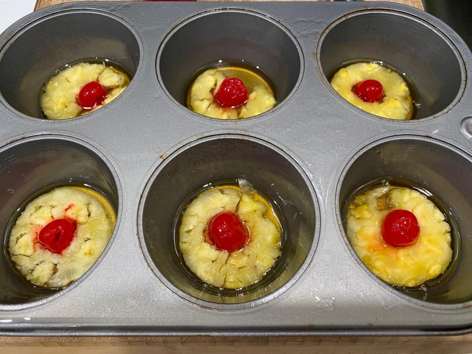 Pineapple Upside Down Cake 4 pineapple in muffin tin