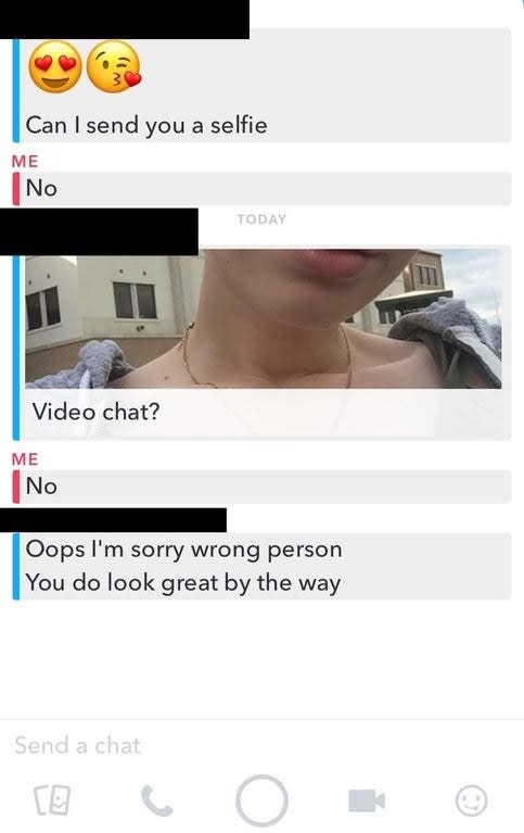 Person sends a selfie after being told no, asks for a video chat, is told no, then says "Oops I'm sorry wrong person, you do look great, btw"