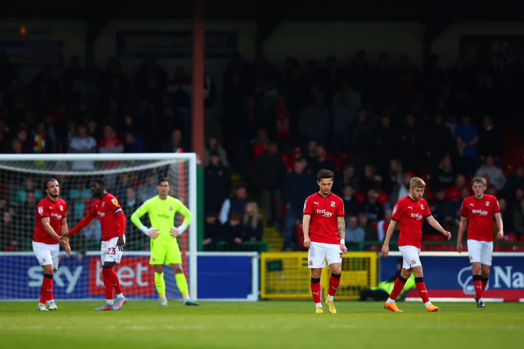  Swindon Town season preview 2023/24 Swindon players show their dejection after conceding the opening goal during the Sky Bet League Two between Swindon Town and Stevenage at County Ground on April 25, 2023 in Swindon, England. (Photo by Dan Istitene/Getty Images) 