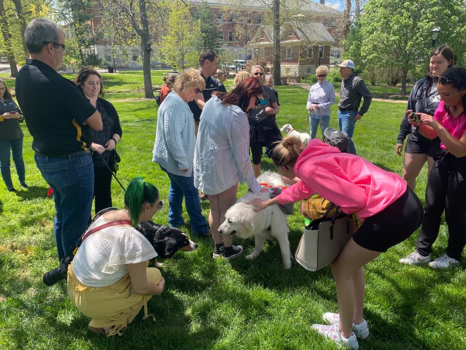 Luna, Harlan's 2 ½ year-old niece, received a lot of attention Friday at the dedication of a bench in Peace Park in memory of the beloved Great Pyrenees, who died in February at age 11.