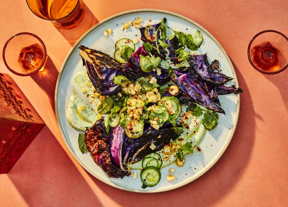 Charred Cabbage with Goat Cheese Raita and Cucumbers