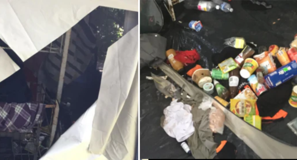 Images of Brian's tent and belongings vandalised and thrown about. 