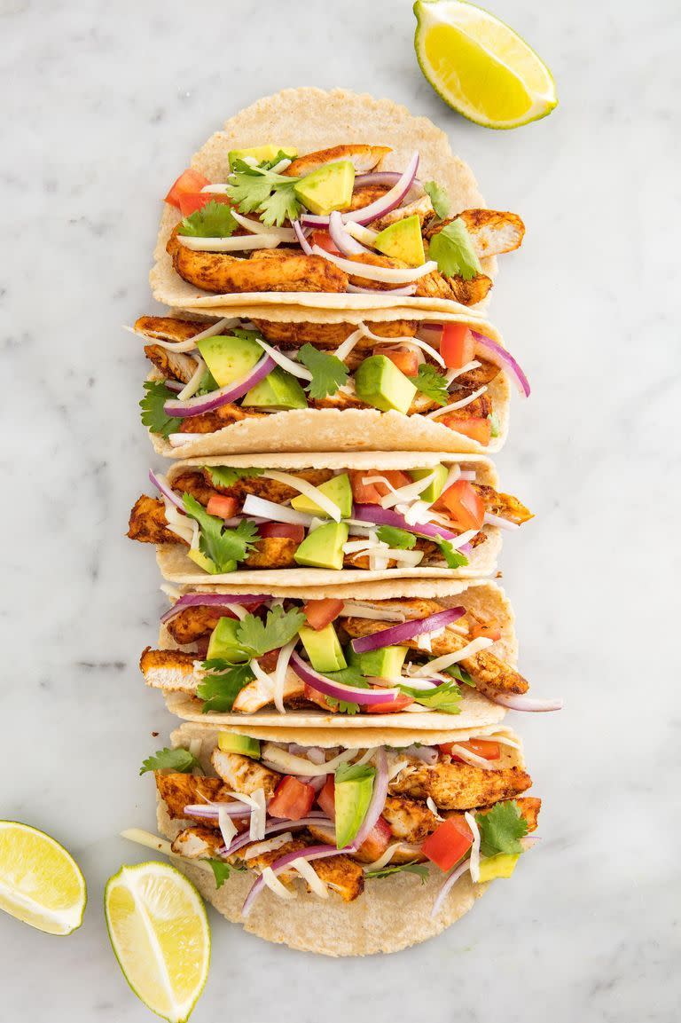 <p>These chicken tacos are loaded with all the best spices. </p><p>Get the <a href="https://www.delish.com/uk/cooking/recipes/a28996478/easy-chicken-tacos-recipe/" rel="nofollow noopener" target="_blank" data-ylk="slk:Chicken Tacos;elm:context_link;itc:0;sec:content-canvas" class="link ">Chicken Tacos</a> recipe.</p>