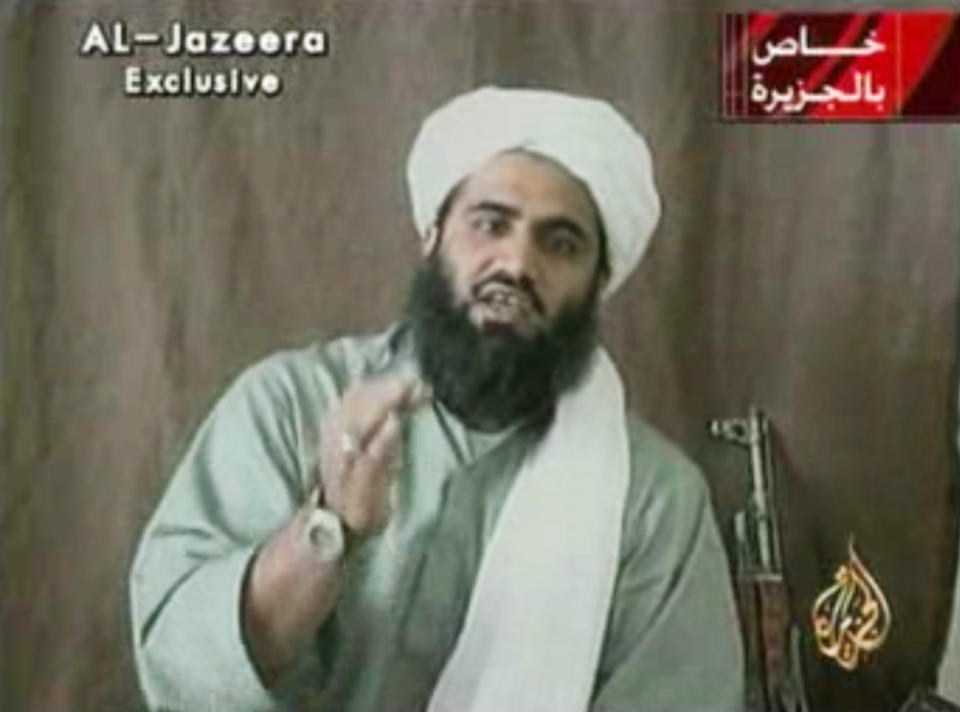 FILE - This image made from video provided by by Al-Jazeera shows Sulaiman Abu Ghaith, Osama bin Laden's son-in-law and spokesman. Abu Ghaith goes to trial Monday, March 3, 2014 in New York on charges that he conspired to kill Americans in his role as al-Qaida's mouthpiece after the Sept. 11 terrorist attacks. He is the highest-ranking al-Qaida figure to stand trial on U.S. soil since the attacks. (AP Photo/Al-Jazeera, File)