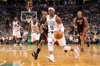 BOSTON, MA - JUNE 03: Rajon Rondo #9 of the Boston Celtics drives in the first quarter against Mario Chalmers #15 of the Miami Heat in Game Four of the Eastern Conference Finals in the 2012 NBA Playoffs on June 3, 2012 at TD Garden in Boston, Massachusetts. (Photo by Jim Rogash/Getty Images)