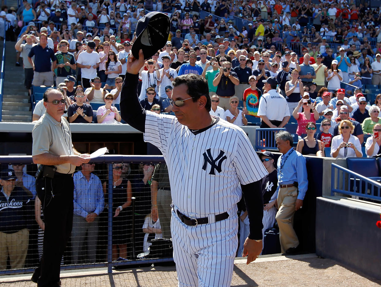 TAMPA, FL - FEBRUARY 26:  Lee Mazilli of the New York Yankees tips his hat to the crowd as he is announced just prior to the start of the Grapefruit League Spring Training Game against the Philadelphia Phillies at George M. Steinbrenner Field on February 26, 2011 in Tampa, Florida.  (Photo by J. Meric/Getty Images)