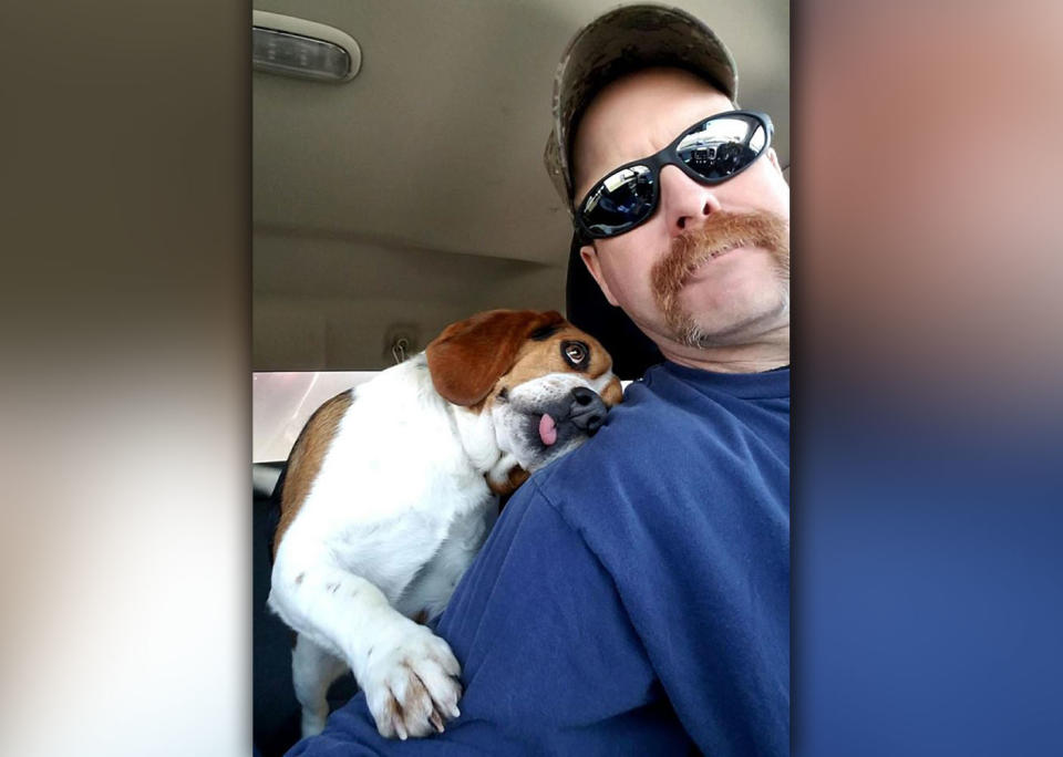 Gregory cuddled up to Joe Kirk after his life was saved with just days to spare. Source: Facebook/ Schenley Kirk