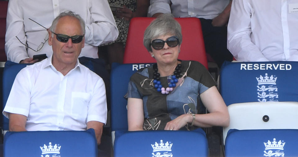 LONDON, ENGLAND - JULY 25: ECB chairman Colin Graves sits next to Former Prime Minister Theresa May as they watch play during day two of the Specsavers Test Match between England and Ireland at Lord's Cricket Ground on July 25, 2019 in London, England. (Photo by Stu Forster/Getty Images)