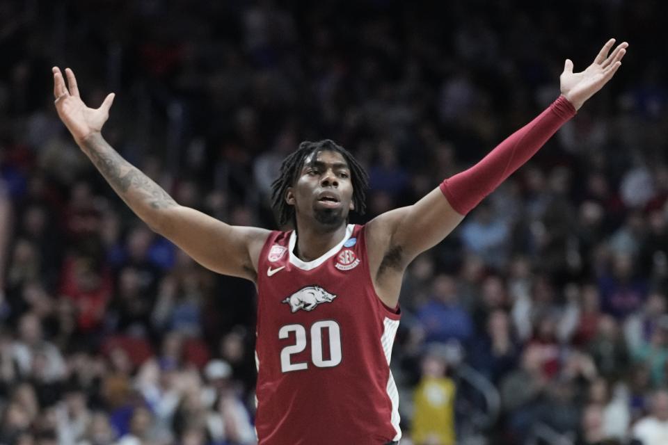 Arkansas' Kamani Johnson reacts after second half of a second-round college basketball game against Kansas in the NCAA Tournament Saturday, March 18, 2023, in Des Moines, Iowa. (AP Photo/Morry Gash)