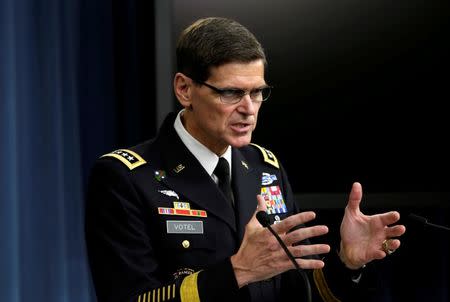 U.S. Army General Joseph Votel, commander, U.S. Central Command, briefs the media at the Pentagon in Washington, U.S. on April 29, 2016. REUTERS/Yuri Gripas