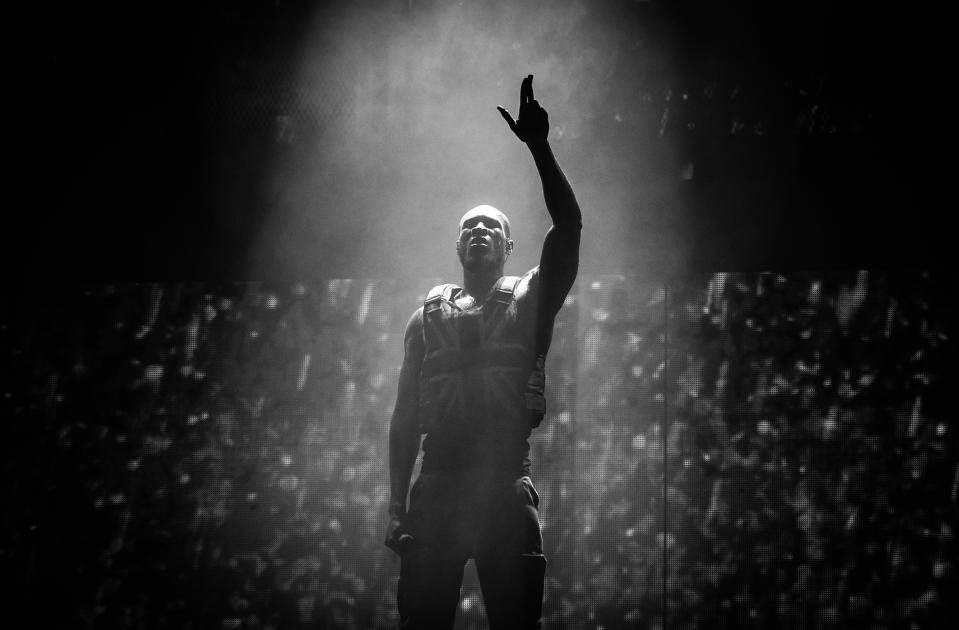 GLASTONBURY, ENGLAND - JUNE 30: (EDITORS NOTE: Image has been converted to black and white) Stormzy headlines the Pyramid Stage on day three of Glastonbury Festival at Worthy Farm, Pilton on June 28, 2019 in Glastonbury, England. (Photo by Samir Hussein/WireImage)