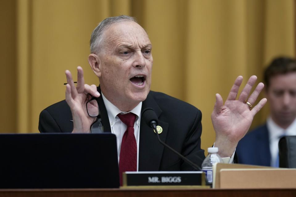 Rep. Andy Biggs, R-Ariz., questions Attorney General Merrick Garland at a House Judiciary Committee hearing, Wednesday, Sept. 20, 2023, on Capitol Hill in Washington.