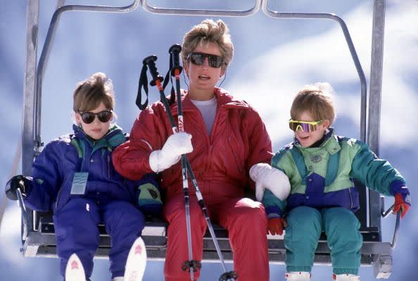 <p>Check out Prince Harry and Prince William's eyewear! Here, they're on a ski trip with their mother to Austria, which was Diana's preferred ski spot, rather than Charles' favorite, Klosters in Switzerland. Sadly, a friend of the royal family died in an avalanche that nearly caught Prince Charles in its way, and Diana refused to return to Klosters.</p>