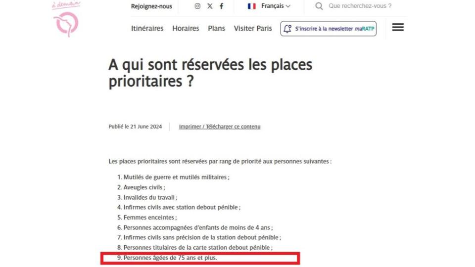 「巴黎大眾運輸公司」明確將博愛座的使用優先順利列出，其中75歲以上長者排在第9位。（圖／翻攝自RATP）