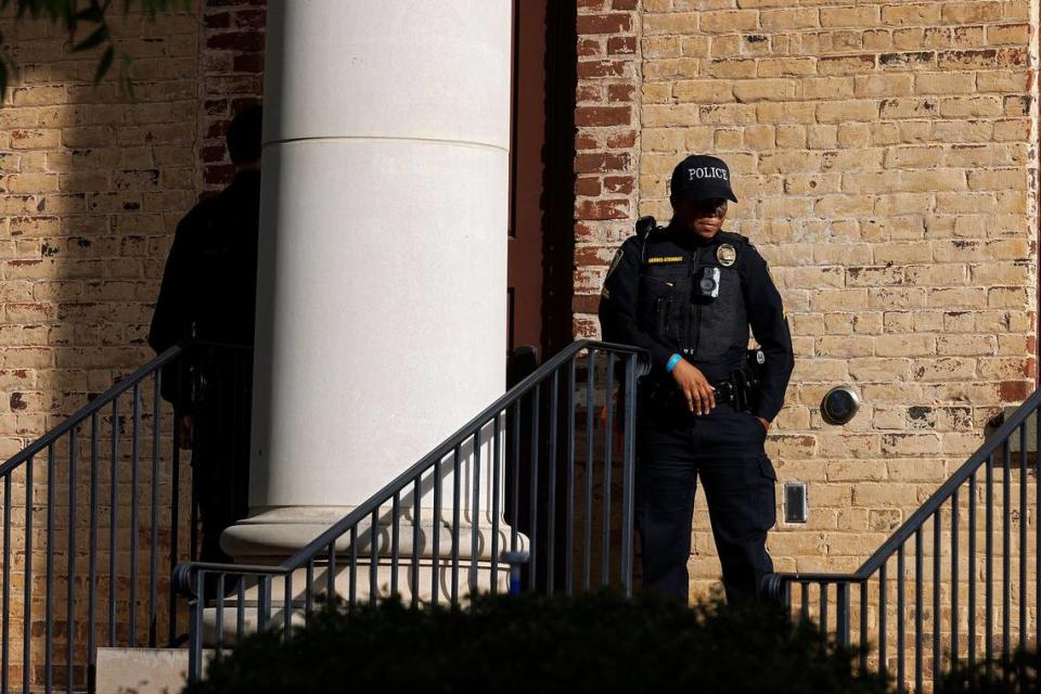 Law enforcement stands outside of Gerrard Hall hours after UNC-Chapel Hill police detained members of a pro-Palestinian “Gaza solidarity encampment” early Tuesday morning, April 30, 2024, after warning the group to remove its tents from university grounds or face possible arrest, suspension or expulsion from the university.