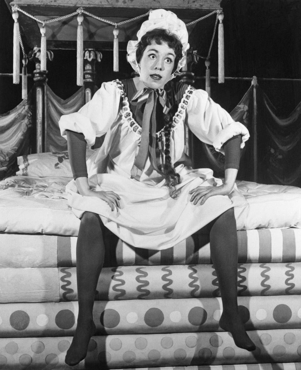 Black and white photo of Carol Burnett in costume for Once Upon a Mattress