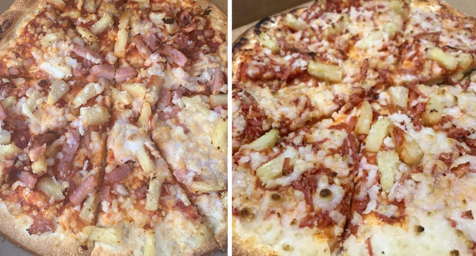 The man shared a photo of the ham on his pizza (left) while another vegan shared a photo (right) of the vegan pizza they received. Source: Facebook