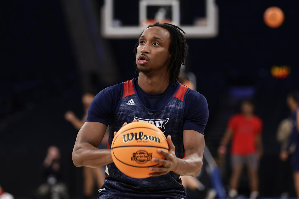 Florida Atlantic guard Michael Forrest shoots during practice before a Sweet 16 college basketball game at the NCAA East Regional of the NCAA Tournament, Wednesday, March 22, 2023, in New York. (AP Photo/Adam Hunger)